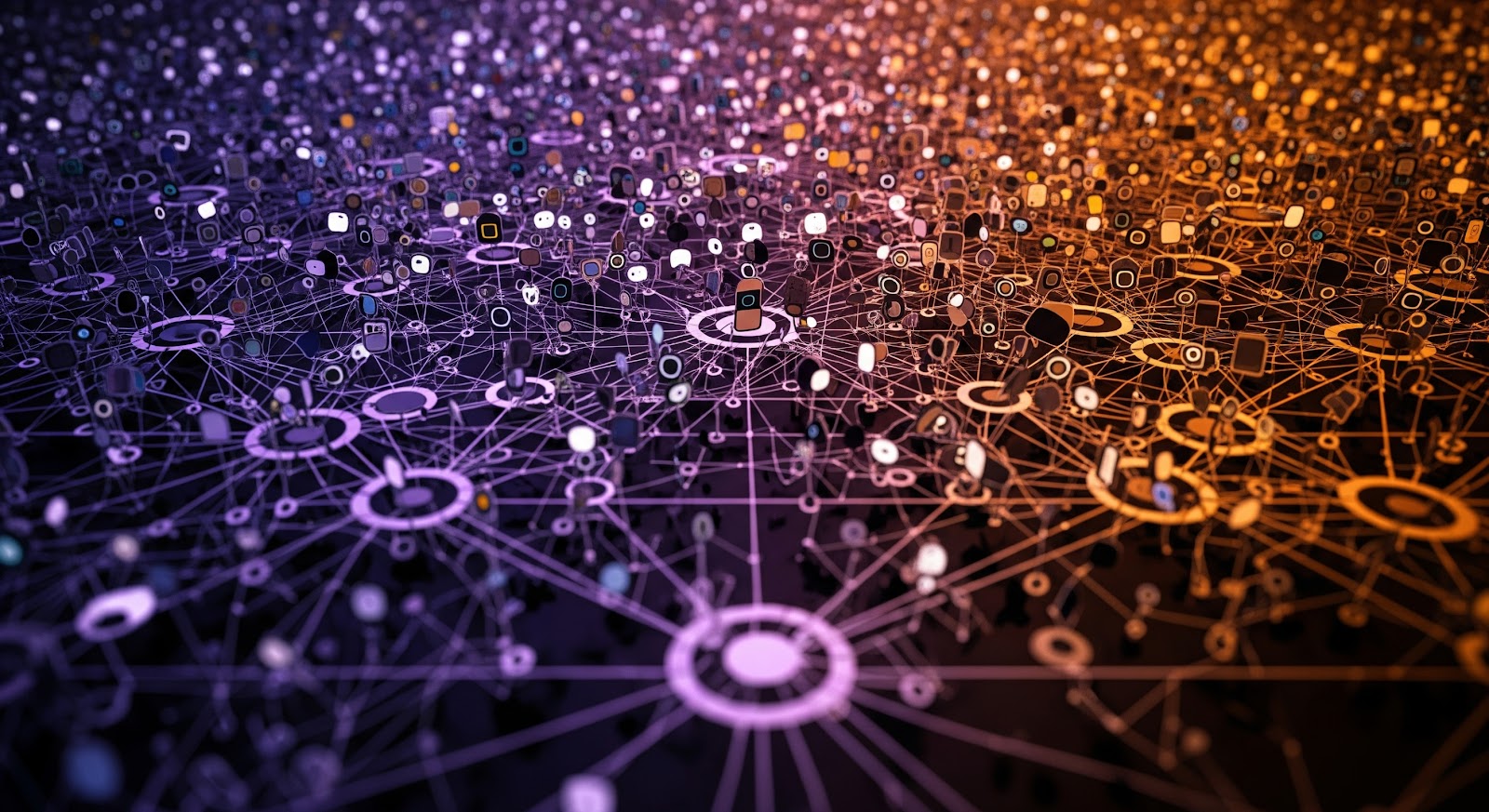 many to many dots with chaotic connected lines. Top dots with different colors and shapes. bottom dots look exactly the same. each top dot will be connect with a bottom dot. cyber security theme, purple and orange color scale.